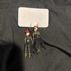 Skeleton Doll Drop Earrings with Red Flower Accent